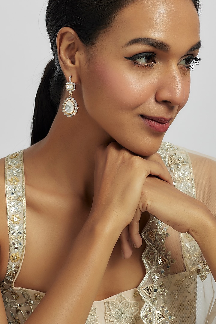 Gold Finish Kundan Polki Dangler Earrings by Moh-Maya by Disha Khatri at Pernia's Pop Up Shop